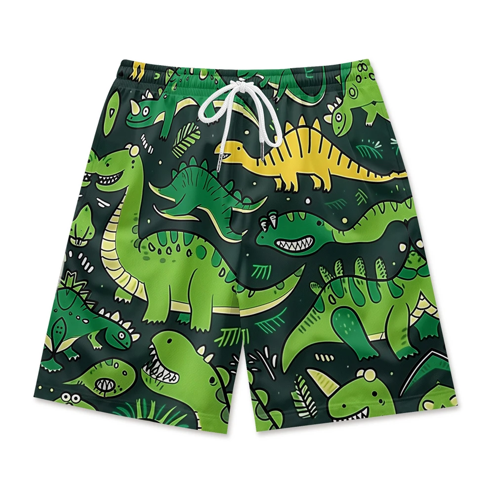

Men's casual shorts, cartoon dinosaur print, comfortable beach pocket, belt tie, breathable and quick drying in summer