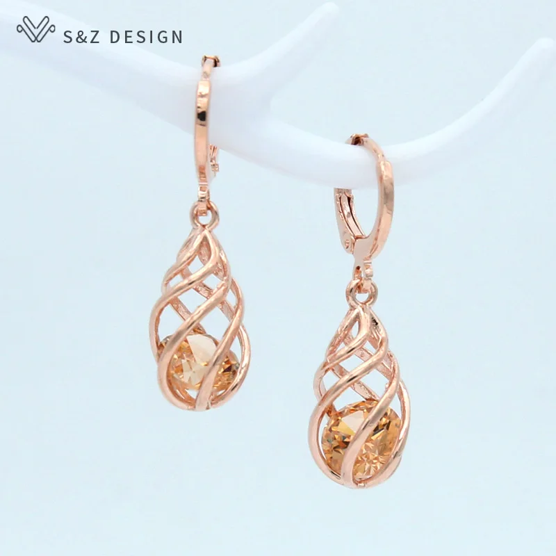 S&Z DESIGN New Trendy 585 Rose Gold Color Cubic Zirconia Spiral Hollow Water Drop Dangle Earrings For Women Gift Jewelry