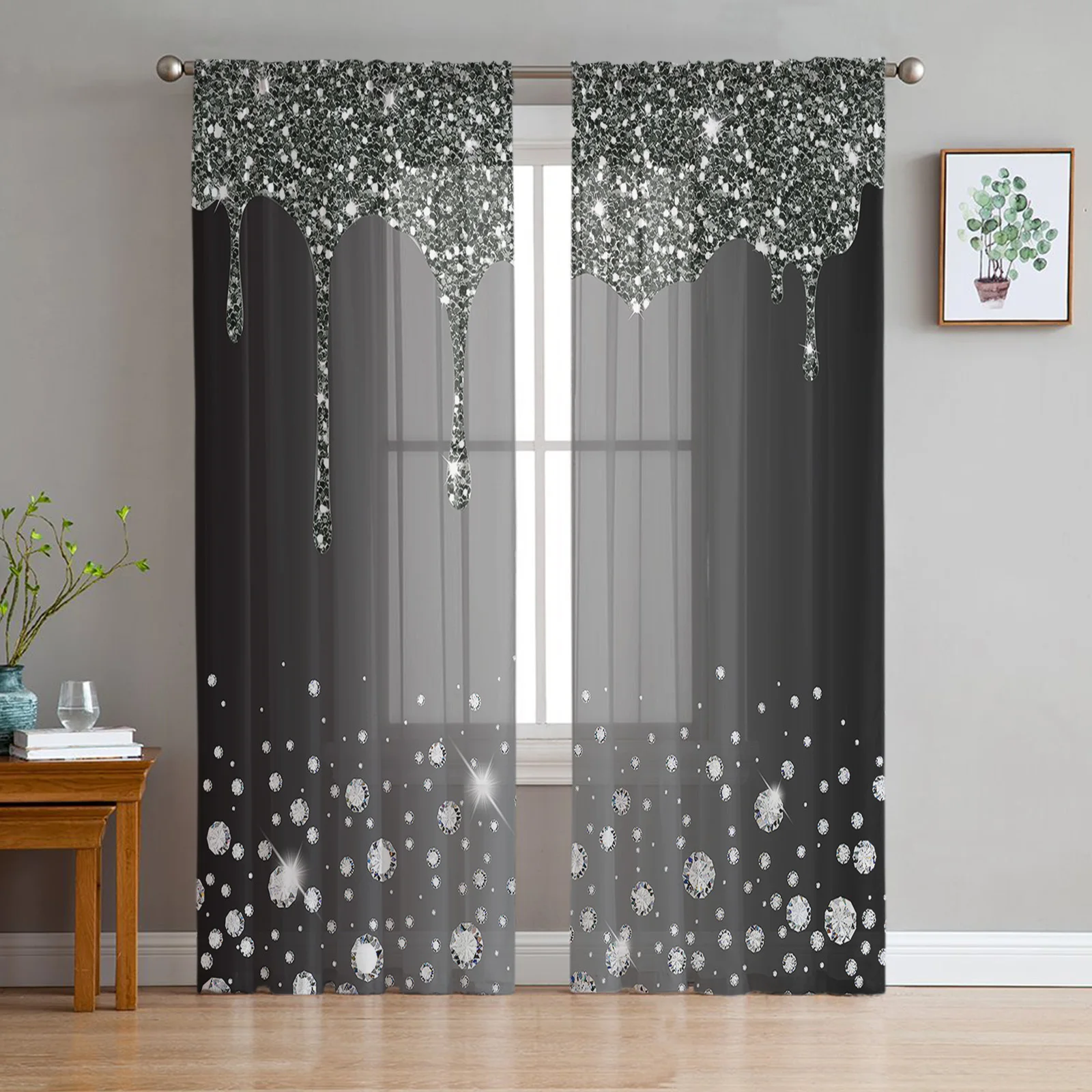 

Black Shiny Diamond Droplet Texture Window Curtains For Living Room Bedroom Kitchen Chiffon Sheer Window Treatment