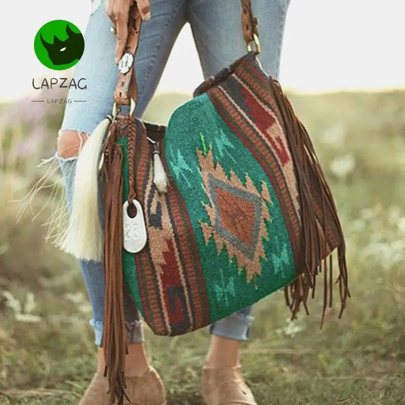Lapzag Bohemian style handmade Tassel Shoulder Bag for Women ladies' National multicolor Cotton And Linen handbag Bag for female