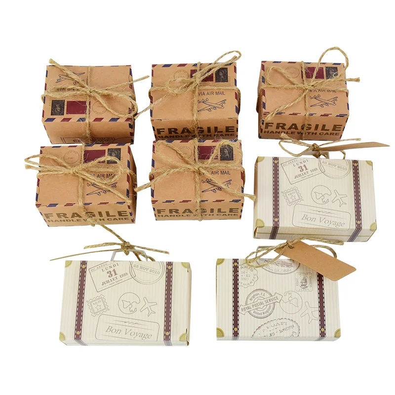 10P Mini Suitcase Candy Boxes with Rope Travel Theme Stamp Decor Kraft Paper Drawable B... - SKU MSCB1140 - UGI Packaging