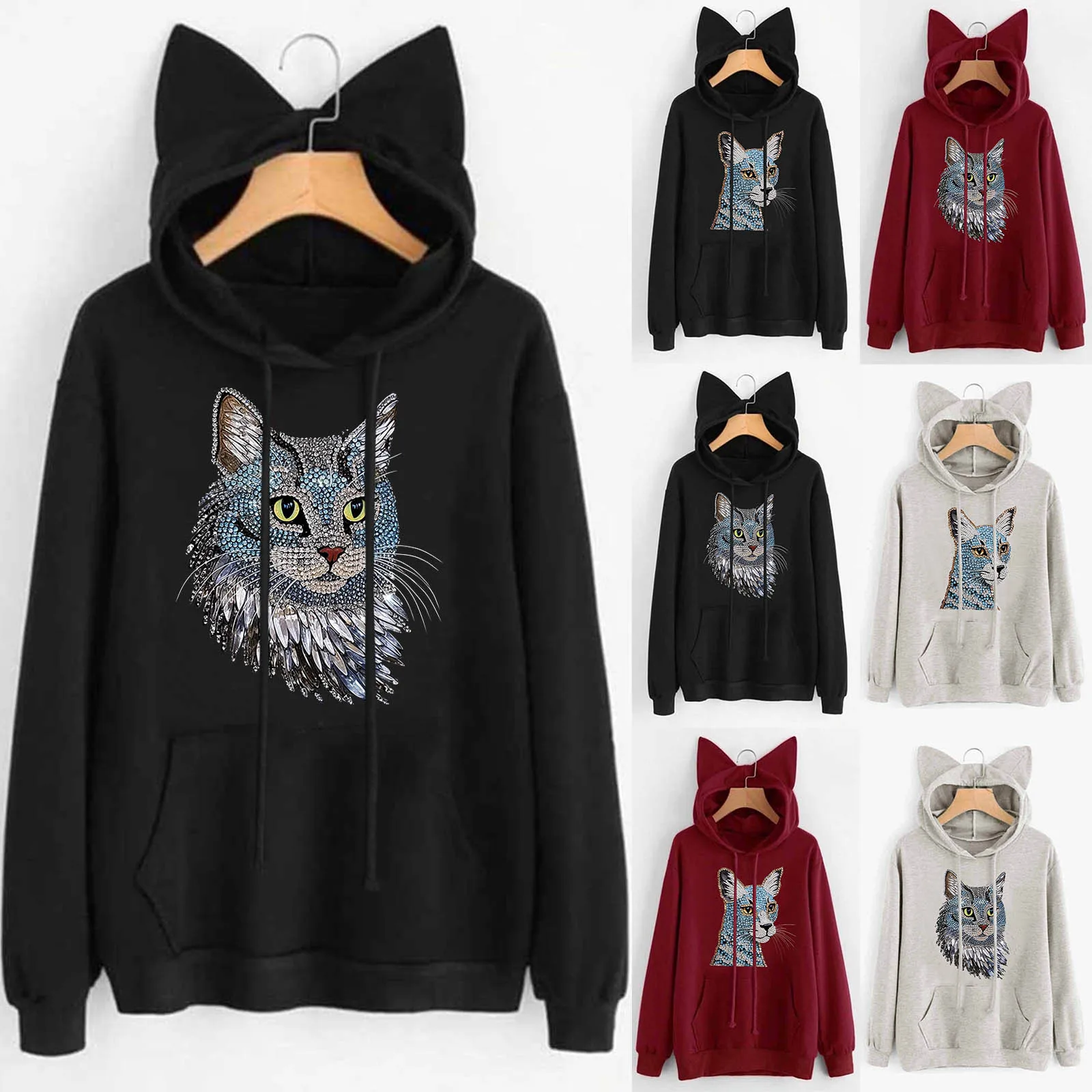 

Women Pullover Hoodies Sweatshirts Autumn Winter Cat Printed Long Sleeve Womens Fleece Sweaters Womens Size Large Hoodies