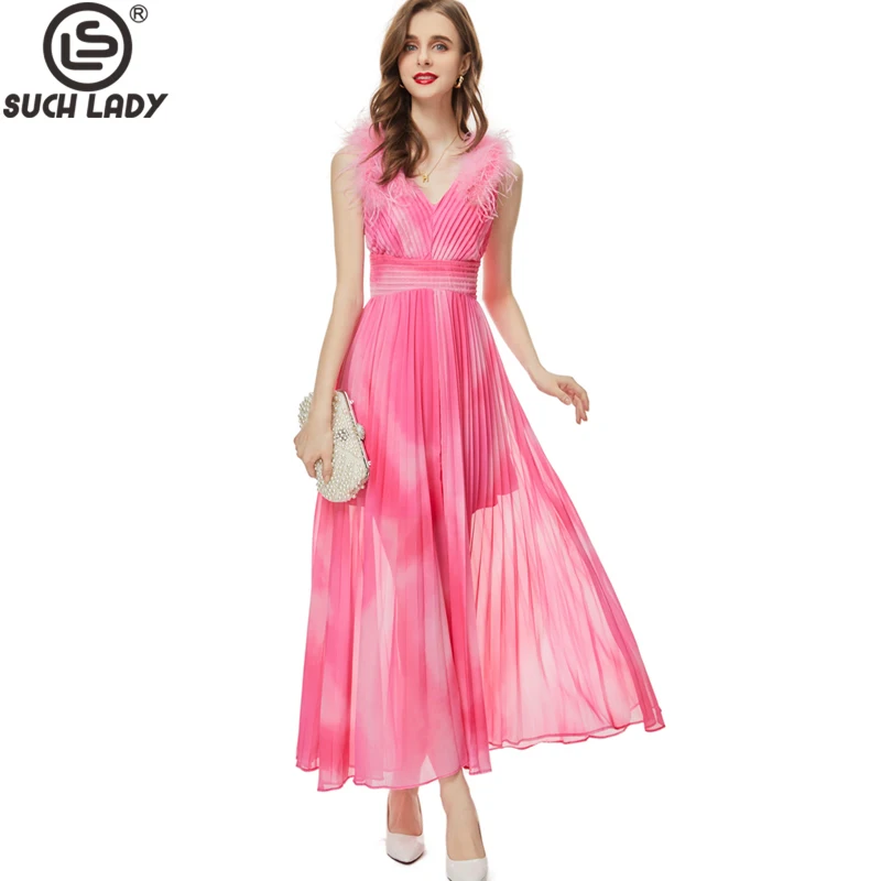 

Women's Runway Dresses Sexy V Neck Sleeveless Feathers Detailing Pleated Fashion Casual Party Gown Long Vestidos