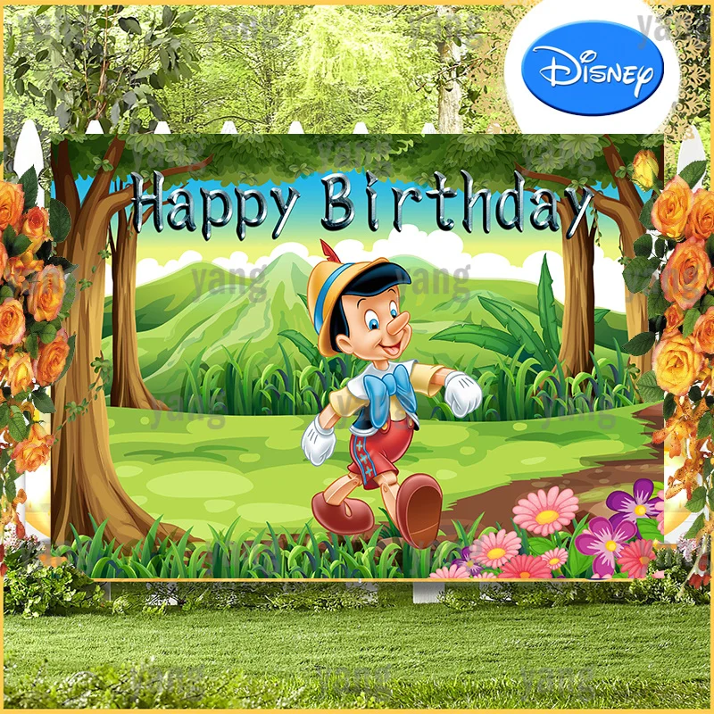 Disney Cartoon Long Nose Lovely Pinocchio Outdoor Background Banner Happy Birthday Party Decoration Baby Shower Forest Background