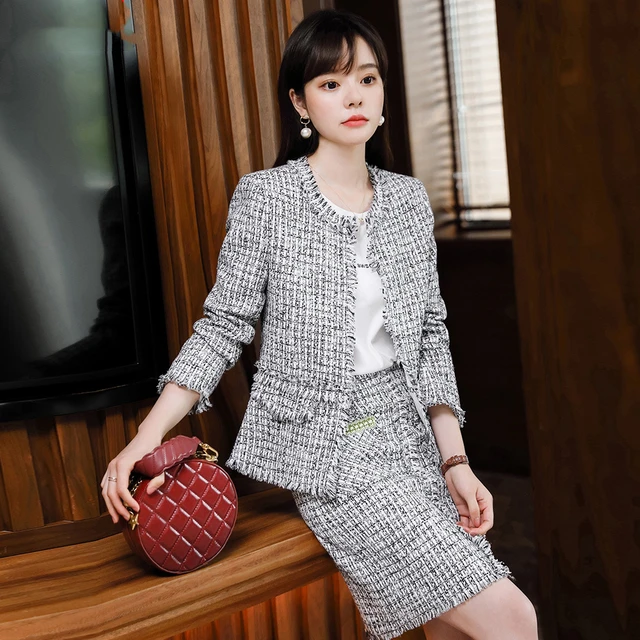Grey Tweed jacket + Skirt Suit fashion Professional Set slimming