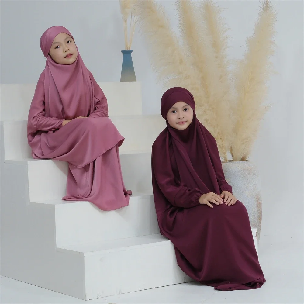 Kids Jilbab 2 Piece Set Satin Girls Children Prayer Hijab Dress Khimar Abaya + Skirt Ramadan Eid Islamic Clothing Dubai Turkey