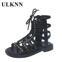 

ULKNN Fashion Girls Rivet Sandals Of Kids Black Gothic Cool Children Roman Sandals Pu Girls Motorcycles Sandals Baby Hollow Shoe