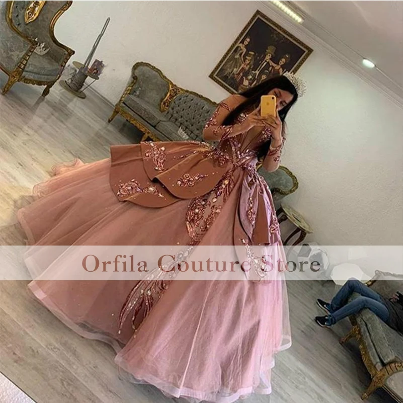 Dusty Pink Princess Quinceanera Dresses Rose Gold Sequins Off Shoulder Long  Sleeves Pageant Party Dress Vestidos De 15 Años - Quinceanera Dresses -  AliExpress