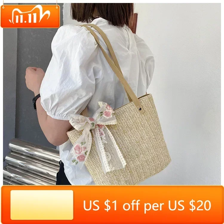

Vintage Women Woven Shoulder Bag Solid Color Lace Ribbon Tote Handbags Wicker Boho Straw Bag for Summer Beach Handle Beige Bags