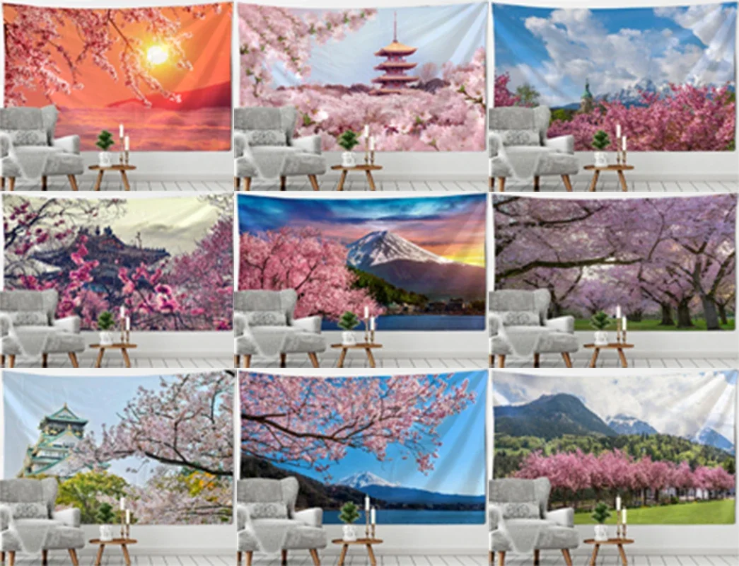 Beautiful Mount Fuji Cherry Blossoms Chureito Pagoda Landscape Wall Hanging Tapestry Art Deco for Living Room Bedroom Home Decor
