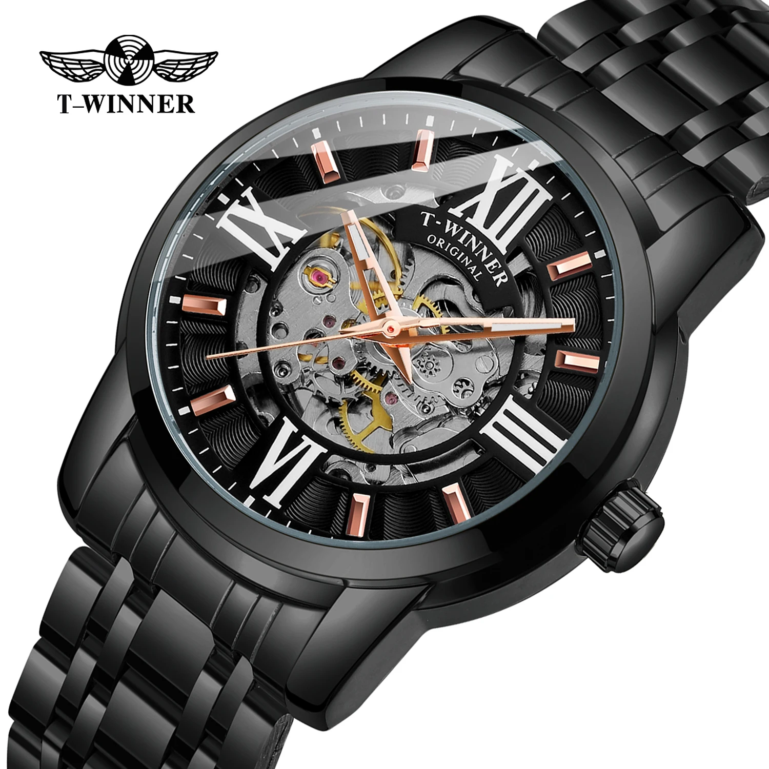 Winner Roman scale Skeleton Mechanical Wristwatch Retro Luminous Hands Luxury Brand Cool Black Watches Stainless Steel Waterproo