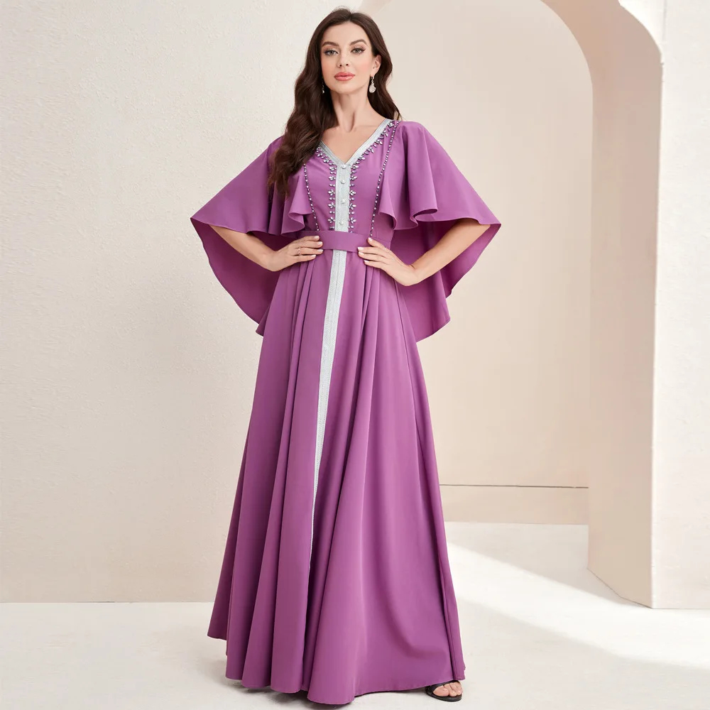 

Abaya for Women Ramadan Gurban Purple Long Dress Fashion Autumn New Muscle 2023 Beaded Cape High Waist Dress Middle East Abaya