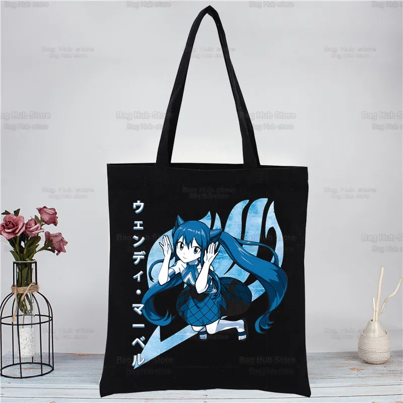 

Anime Fairy Tail Natsu Dragneel Lucy Harajuku Art Shopping Black Bags Canvas Tote Bag Reusable Cloth Bag Handbag Shoulder Bags