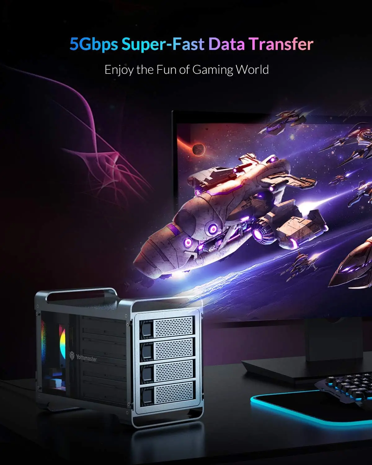 Yottamaster RAID 외장 하드 드라이브 인클로저, RGB 사일런트 선풍기 RAID 모드 포함, 2.5 인치 및 3.5 인치 SATA HDD/SSD 인클로저, 최대 72TB, 4 슬롯