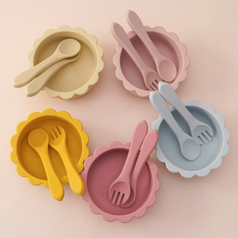 3PCS Silicone Tableware Sets For Baby Suction Cartoon Lion Shape Bowl Soft Spoon Fork BPA Free Feeding Training