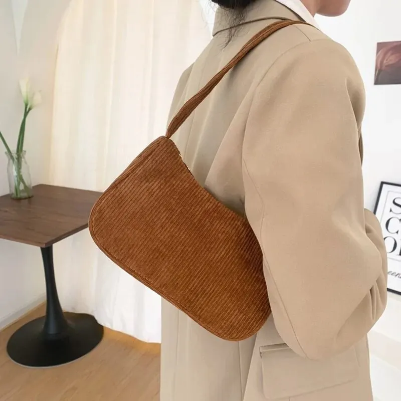 Fashionable Retro Half Moon Corduroy Underarm Bag - Women's Solid Color Shoulder Clutch