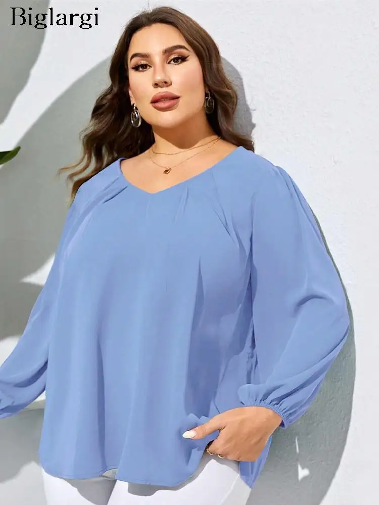 

Plus Size Autumn Winter V-Neck Tops Women Casual Loose Fashion Pleated Ladies Cropped Blouses Puff Long Sleeve Woman Tops 2023