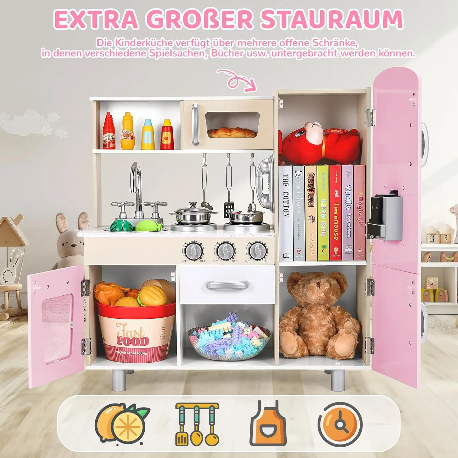 Wooden Play Kitchen Set Pretend Play Kitchen with Lights and Sounds for Kids Ages 3+, Includes Stove Oven Microwave Coffee Maker 5