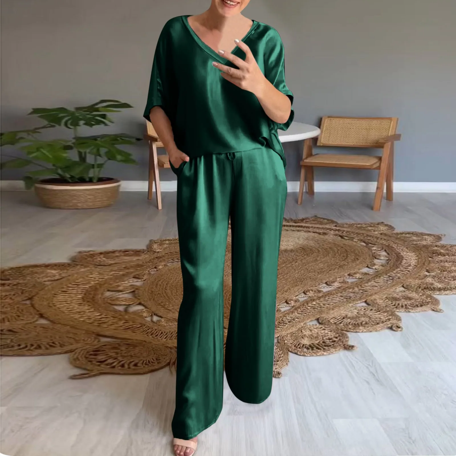 

Spring Summer Fashion Solid Color Satin Two Piece Set Women Round Neck Long sleeved Top Long Pants Casual Loose Two Piece Set