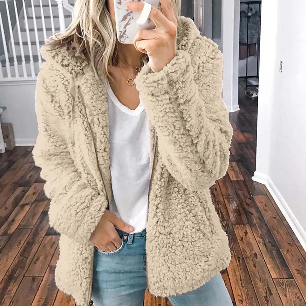 Women Lamb Wool Coat Autumn Winter Thermal Soft Hooded Zip Up Solid Jacket Korean Style Loose Warm Comfortable Short Outercoats fashion women s gloves new autumn winter plus velvet thicken thermal driving touchscreen imitation wool cashmere gloves wl001