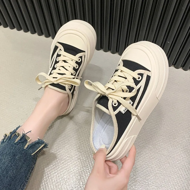 

Canvas shoes, flat bottomed women's shoes, 2024 thick soled new versatile student big head fashionable casual women's shoes