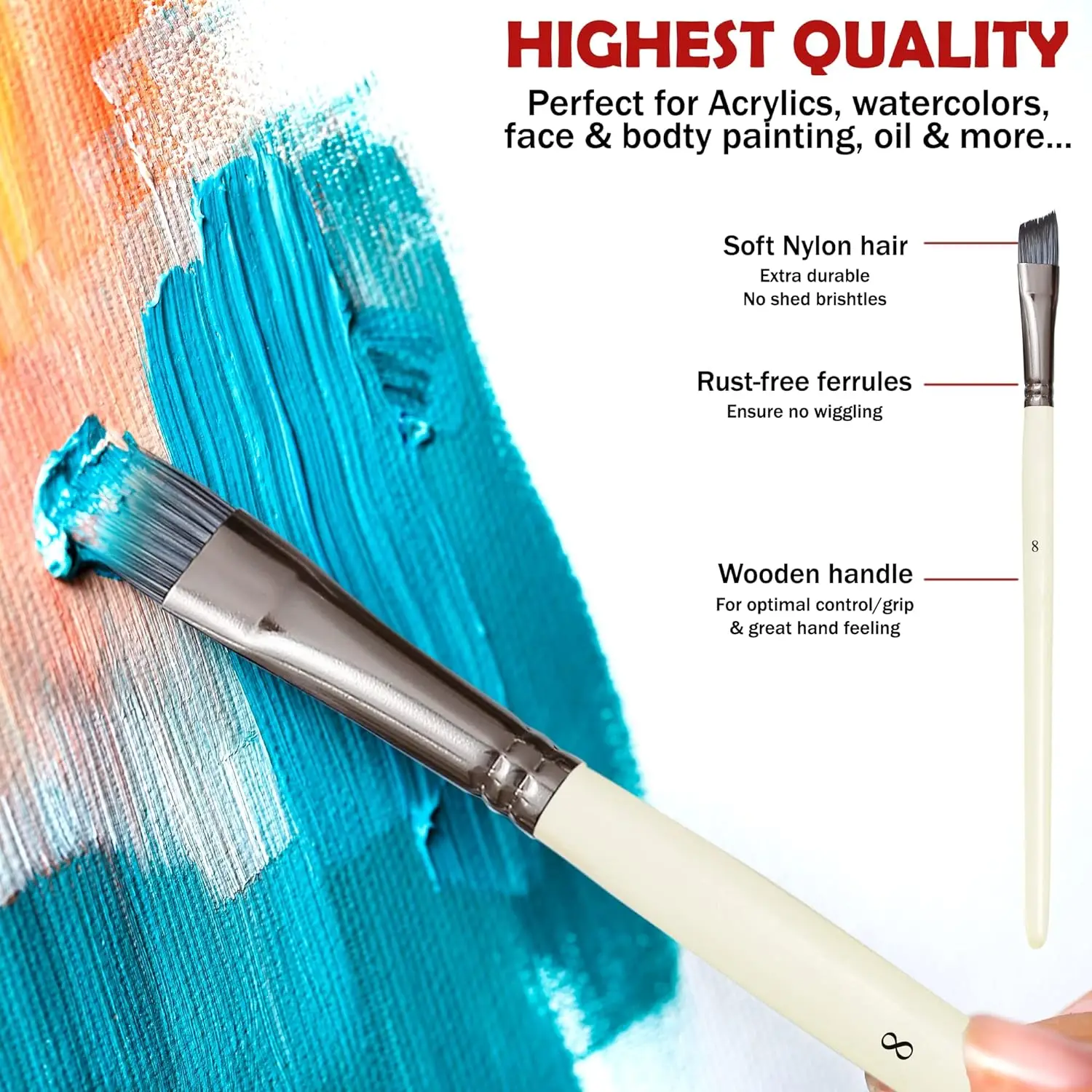 10 Pack Paint Brushes Set for Art Acrylic Gouache Oil Watercolor Artist Canvas Synthetic Nylon Tips 4