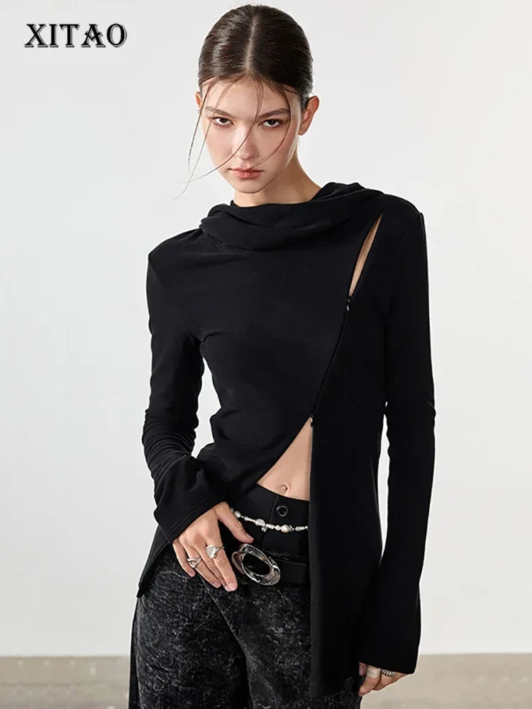 

XITAO Zipper Hooded Pullover T-shirts Solid Color Patchwork Long Sleeve Slight Stretch Tops 2023 Winter Personality New DMJ3325