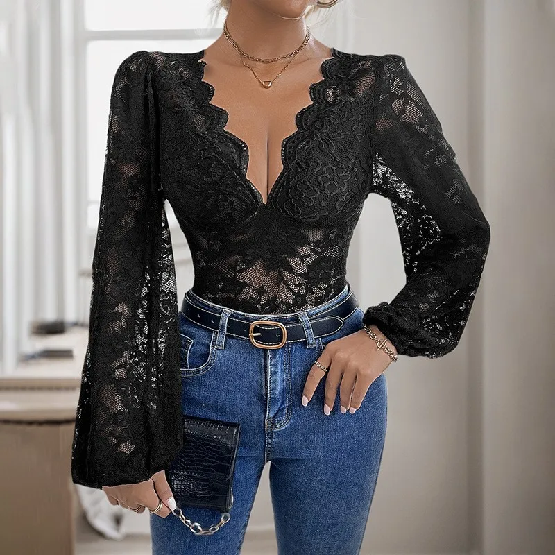 Tight Sexy Long Sleeve V-neck Lace Onesie Polyester Women Jumpsuit Roupas Femininas Sexyropa De Mujer Rompers For Women