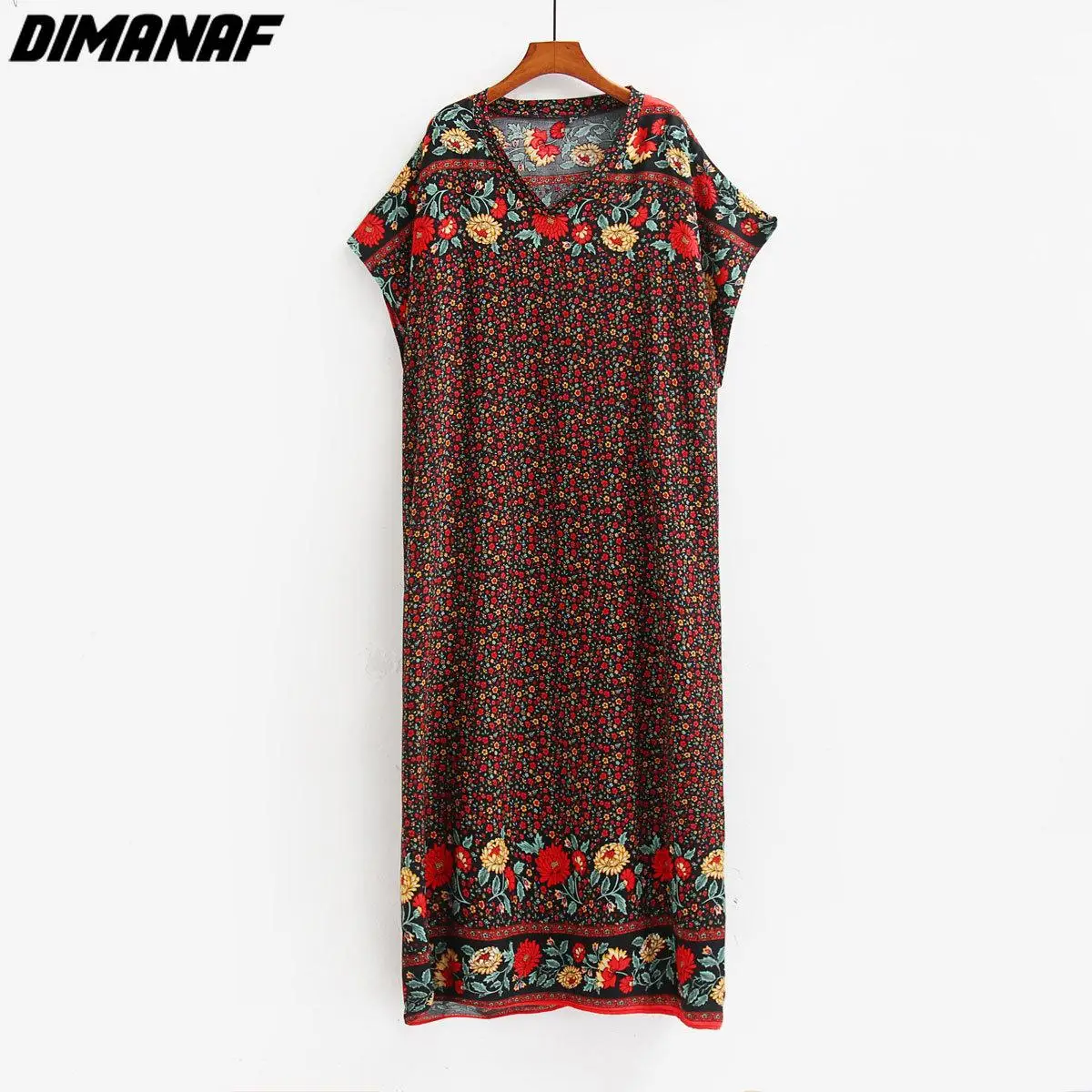 

DIMANAF Plus Size Dress Women Clothing Summer Sundress Red Bohemian Floral Print Elegant Lady Loose Oversize Maxi Dress