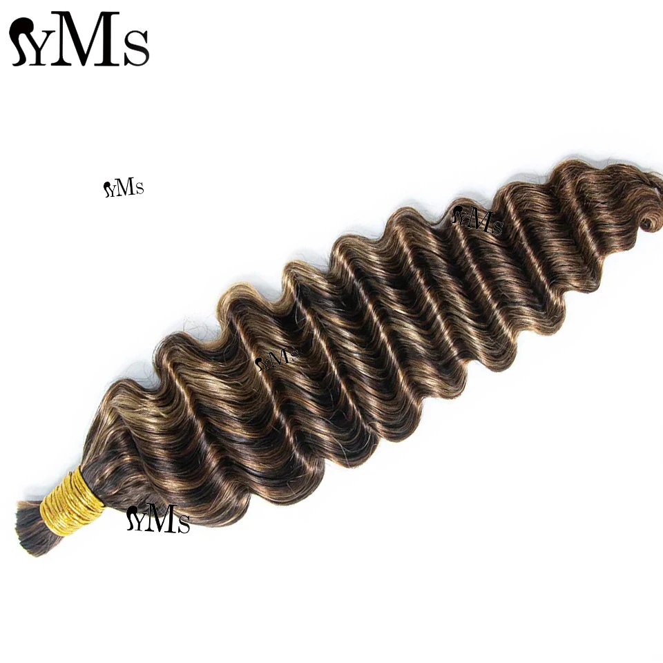 Boho Braids Bulk Human Hair Highlight Brown Honey Blonde 4/27/30 YMS Deep Wave Bulk Curly Human Hair For Boho Braids Wholesale 5