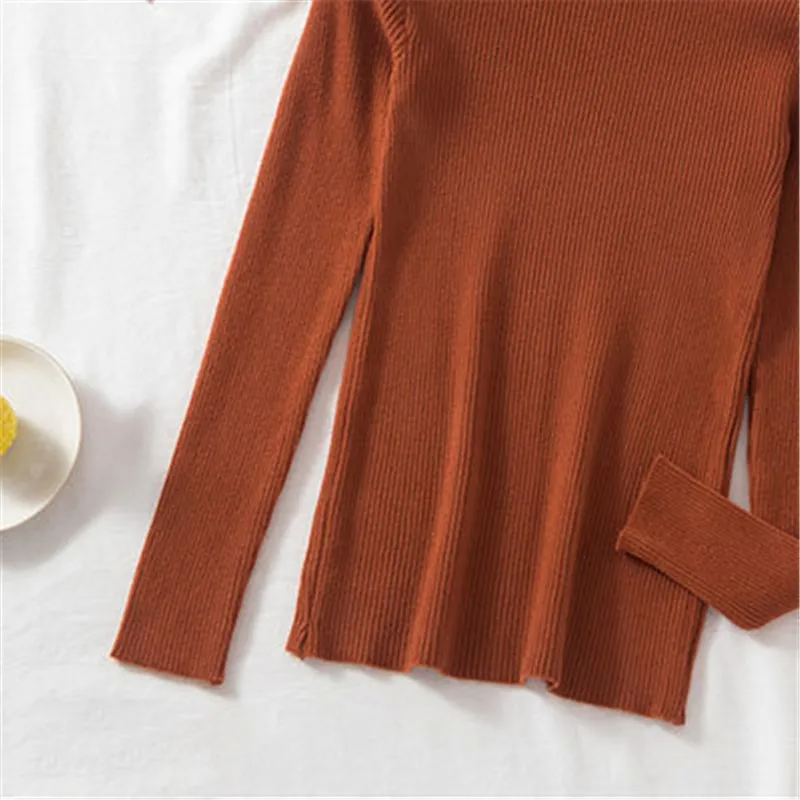 Autumn Winter Slim Fit Knitted Pullovers Women Long Sleeved Ruched Knit Tops Ladies Casual Half High Collar Knitting Sweater cable knit sweater Sweaters