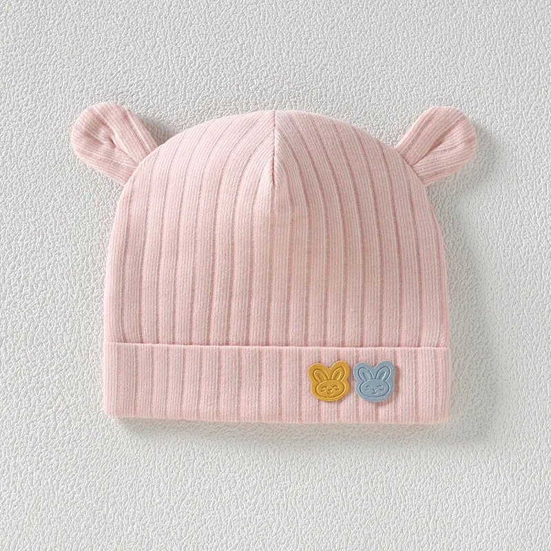 

Универсальная детская шапка, хлопковая Удобная фетальная шапка, Детская шапка-пуловер, однослойная детская шапка с кожаным кроличьим узором, розовая