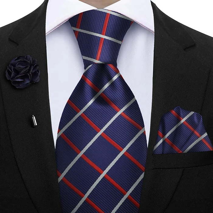 Herren-Krawatte, rot, grau, lila, kariert, Jacquard, gewebt, gestreift, Krawatte, Einstecktuch, Manschettenknöpfe, Sets für formelle Hochzeit, Geschäftsfeier – Detail 10