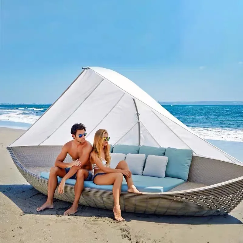 

Outdoor rattan bed courtyard garden hotel villa resort creative sailboat with sunshade outdoor rattan sofa