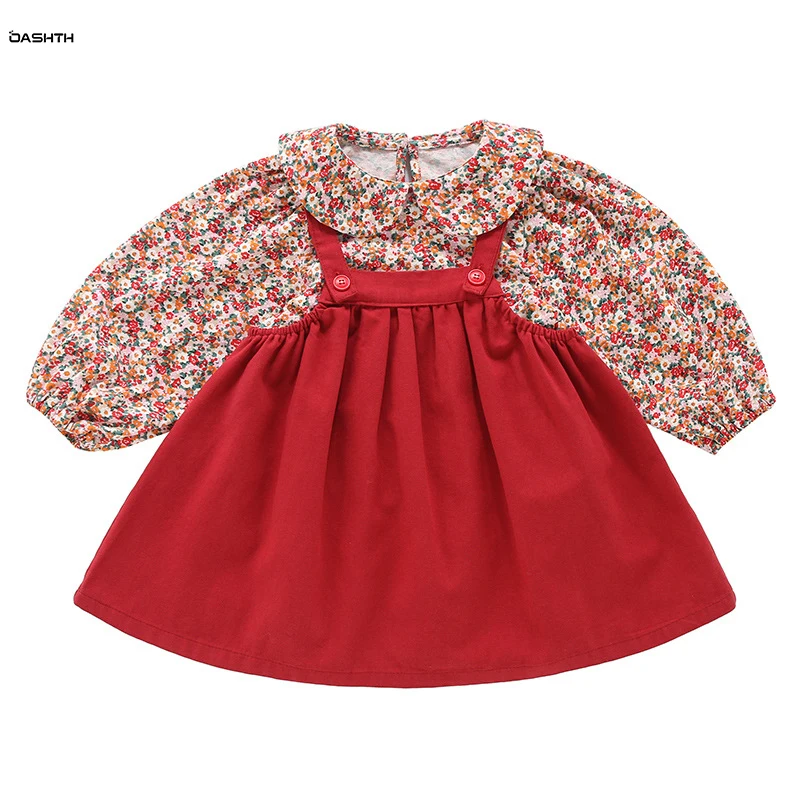 

OASHTH Children's clothing girls skirt suit spring and autumn new baby sweet strap dress two-piece set