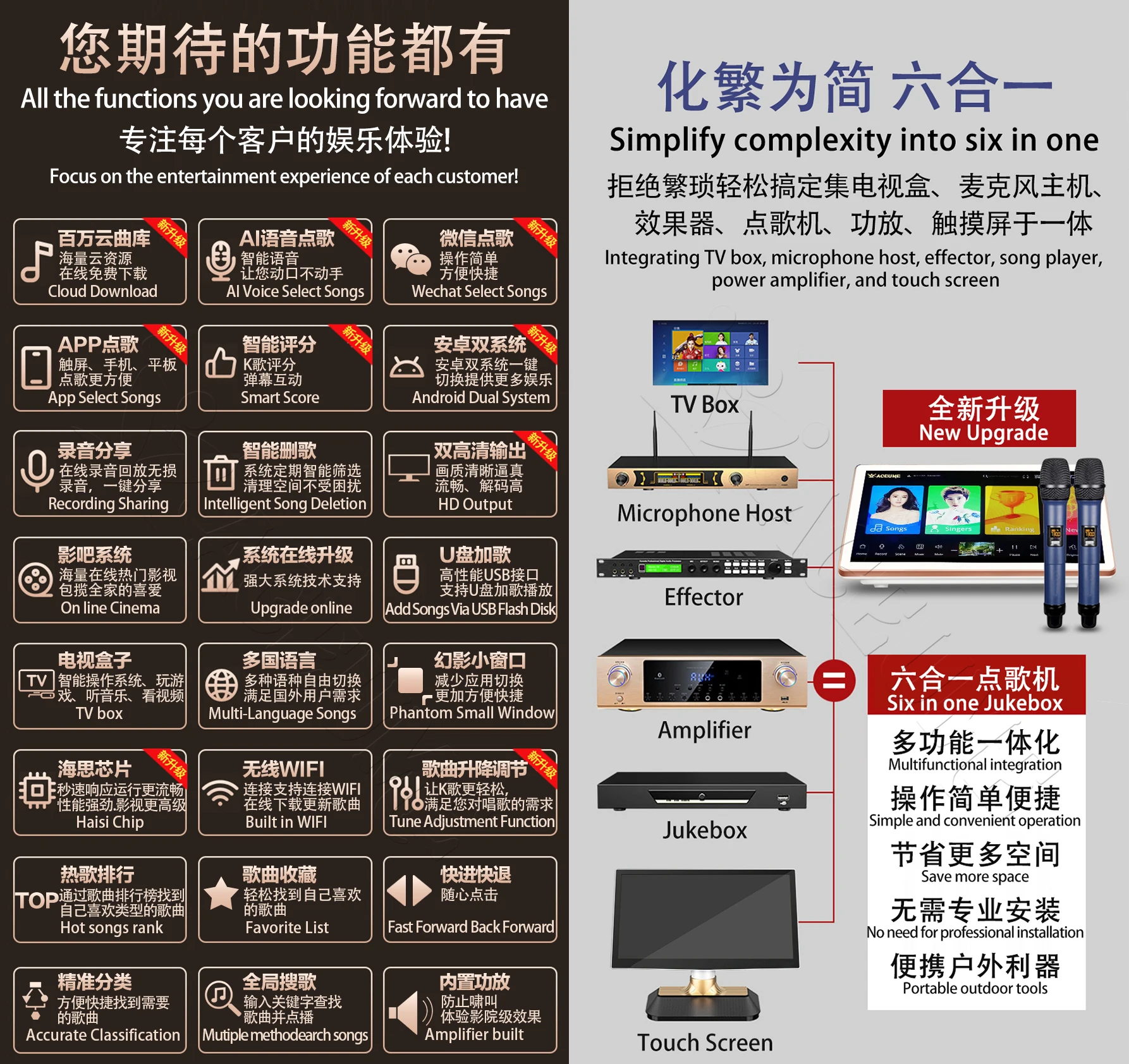 4TB HDD 70K Chinese English Songs 19" Touch screen karaoke player Speaker Set