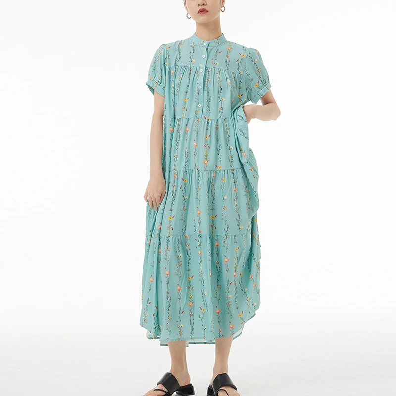 

Johnature Bohemian Casual Dresses 2023 Summer Women New Loose Floral Vintage Print O-neck Short Sleeve Chiffon Dresses