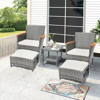 Outdoor Patio Furniture Set with Table & ottoman, 5 Piece Wicker Patio Sets with cushion, Outdoor Furniture Patio Set 1
