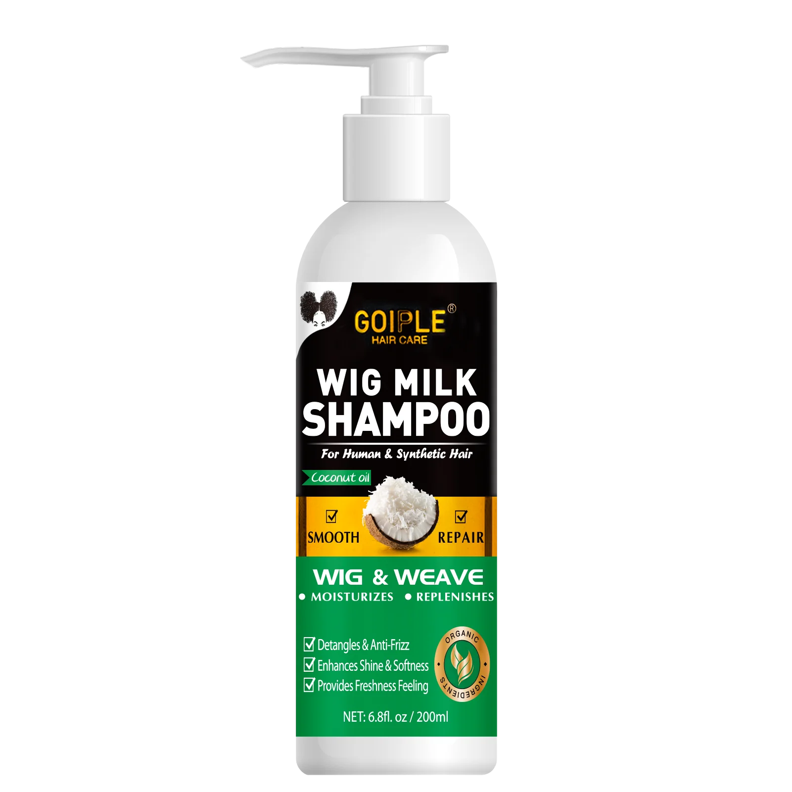 GOIPLE Parrucca naturale all'olio di cocco Shampoo al latte Riparazione liscia Idrata i capelli crespi per parrucche Onda 2 in 1 Prodotto per la cura del lavaggio della parrucca