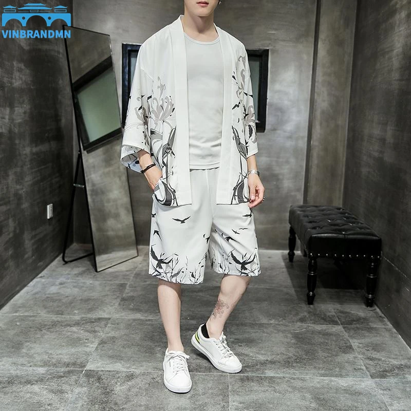 

4XL 5XL Mens Plus Size Japanese Streetwear Tracksuit Men Summer Two Piece Set Kimono Shirt + Shorts Male Clothes Men 2 Piece Set