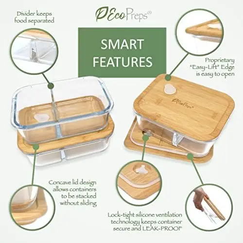 Glass Meal Prep, Food Storage Containers, with Sustainable Bamboo Lids, Food  Dividers Separators