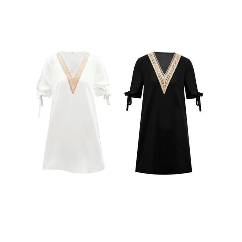 

Women Summer Mini Dresses Short Sleeve Casual Loose Embroidery Dress Cold Shoulder P8DB