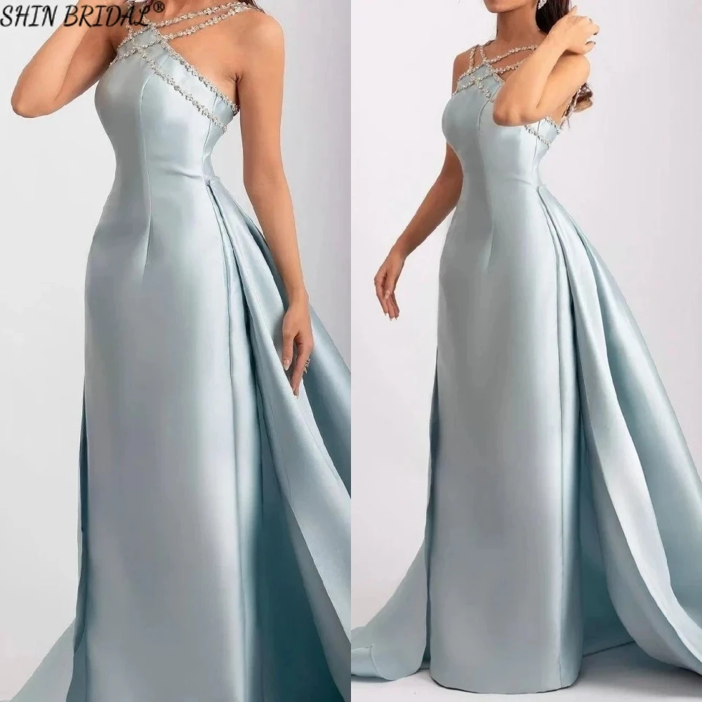 

SHIN BRIDAL Mermaid Luxury Satin Evening Dresses for Women Halter Off the Shoulder Prom Dresses Floor Length Wedding Dresses