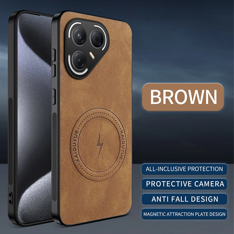 Tecno Pova 7 Pro: Stylish Leather Shockproof MagSafe-Compatible Phone Case with Ultra Magnetic Wireless Charging Cover