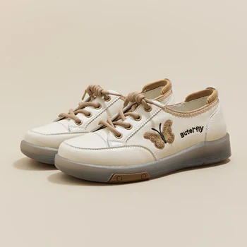 Ladies Large Size Genuine Leather Loafers Spring Summer New Lace-up White Casual Shoes Fashion Soft Sole Flat Women's Sneakers 2