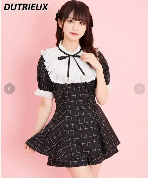 

Japanese Mine Style Lolita Summer Fall New Shirt Lace-up Short Sleeve Plaid Top + Shorts Suit 2 Pieces Sets Sweet Women Outfits