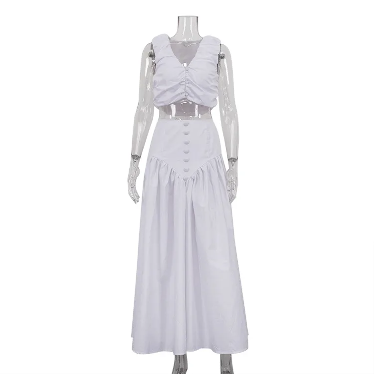 White Pleated 2 Piece-Set Maxi Skirt Women V-Neck Cropped Top And Patchwork Fashion Long Skirt Sets Ladies Solid Outfits