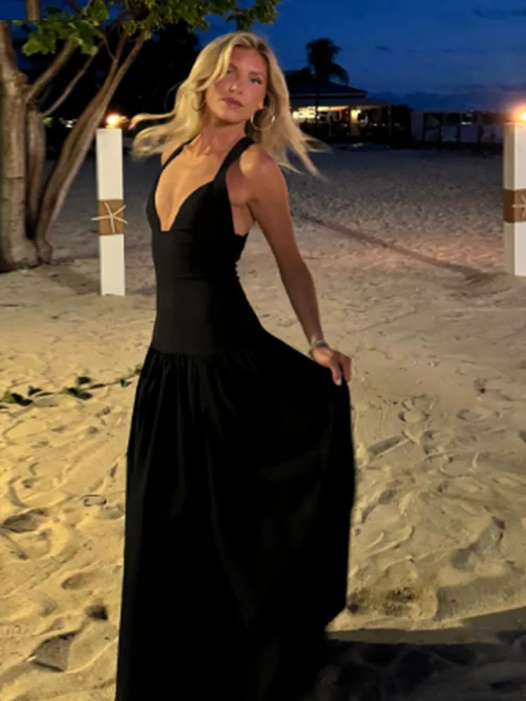 Summer Sexy Black V-neck Sleeveless Backless Maxi Dress Elegant Satin Patchwork Ruched Robes 2025 Lady High Street Dresses 4