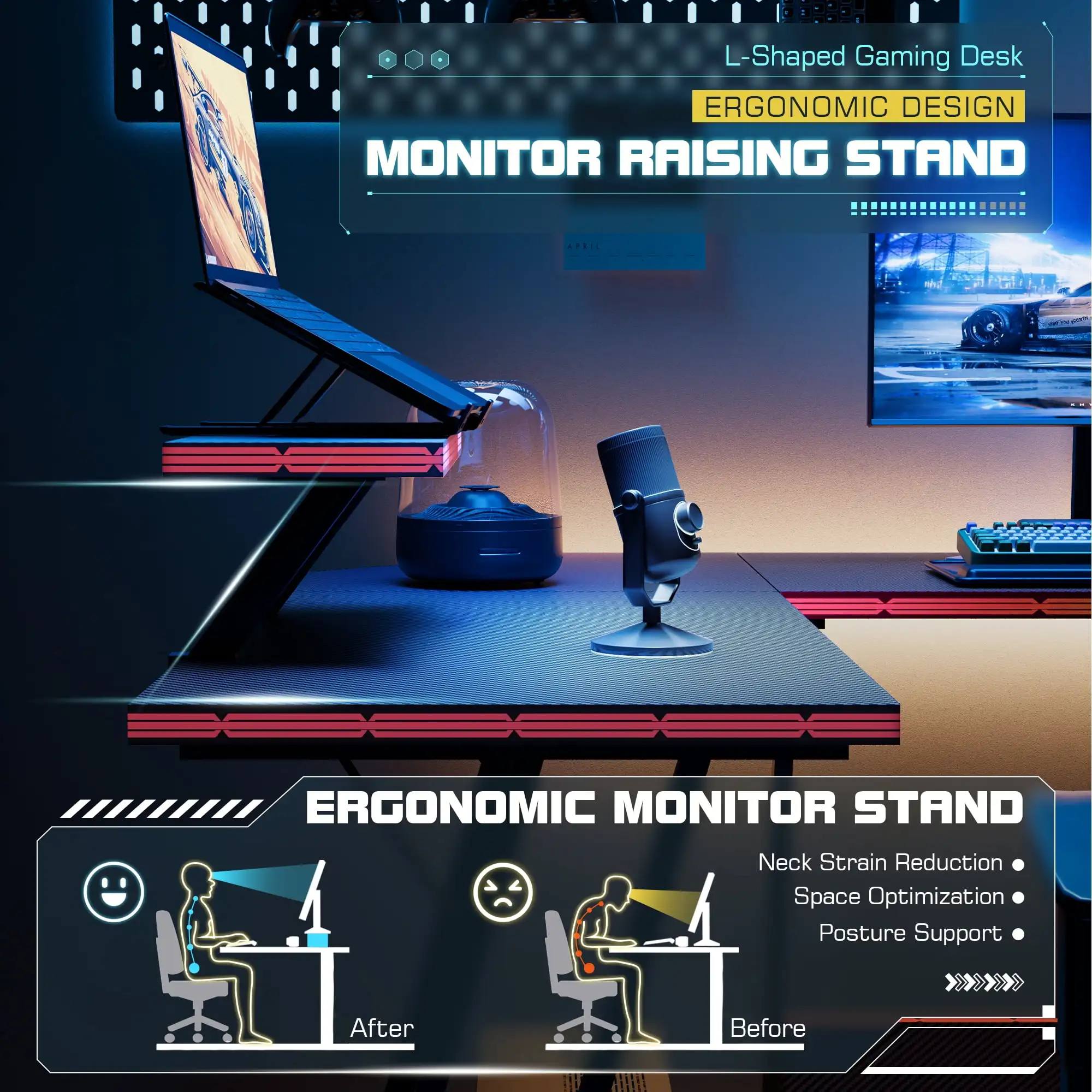 L-Shaped Gaming Desk 51.2 Inches Corner Office Desk with Removable Monitor Riser 6
