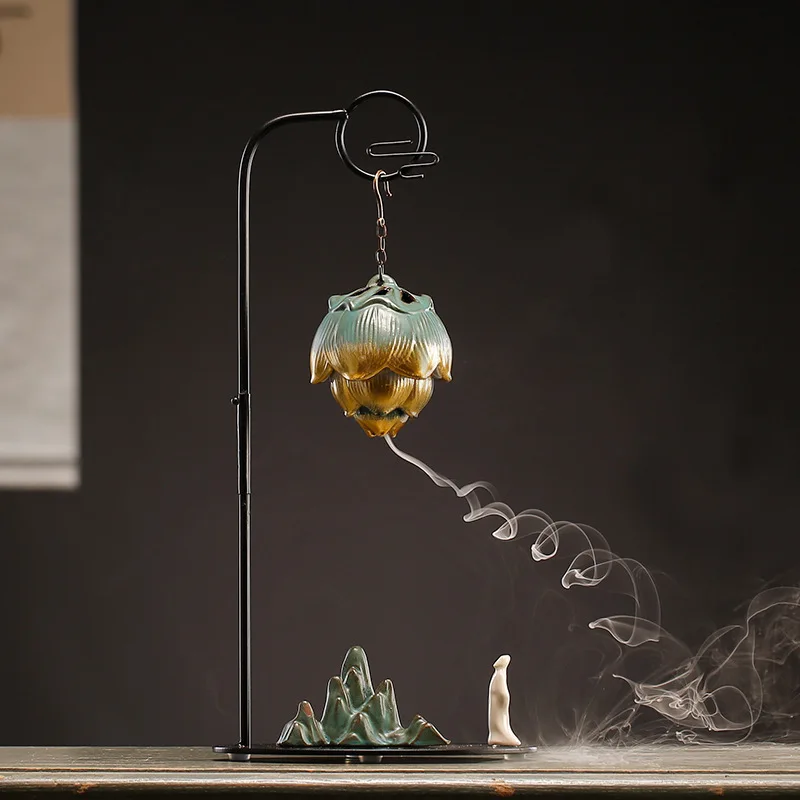 

Retro Backflow Incense Burner Home Indoor Creative Lotus Shape Ceramics Iron Hanging Incense Burner Tea Ceremony Zen Ornaments